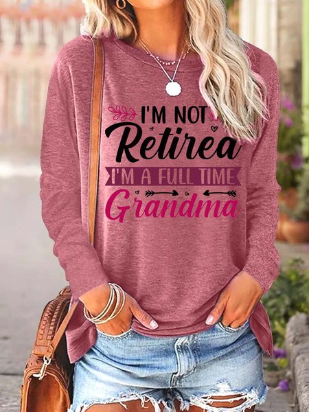 

Women I’m Retired Gramdma Crew Neck Casual Text Letters Top, Red, Long sleeves