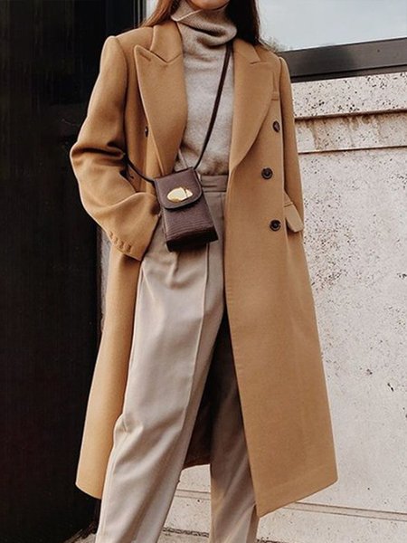 

Khaki Daily Long sleeve Lapel Collar Urban Plain Overcoat, Coats