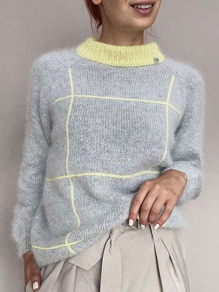 

Loose Stand Collar Plaid Color Block Sweater, Gray, Sweaters