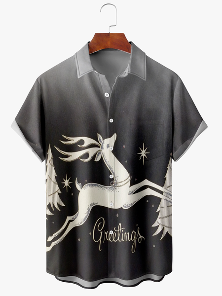 

Men's Christmas Print Fashion Hawaiian Lapel Short Sleeve Shirt, Black, Short Sleeve Shirts