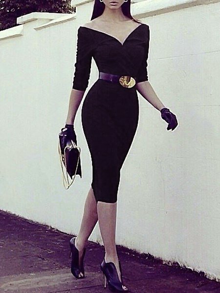 

V Neck Elegant Tight Midi Dress, Black, Midi Dresses