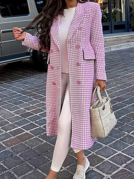 

Loose Houndstooth Urban Lapel Collar Long sleeve Overcoat, Pink, Coats