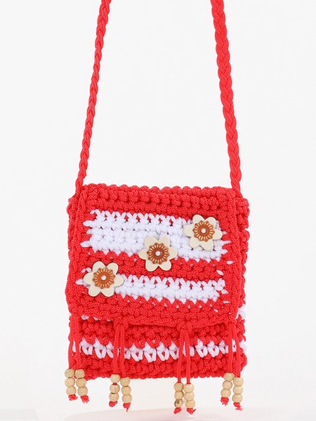 

Fringed Mini Beaded Hand Crochet Bag Woven Shoulder Bag Phone Bag, Red, Women's Bags