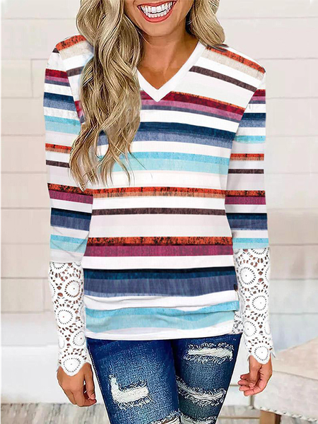 V Neck Striped Casual T-Shirt, Multicolor, T-Shirts