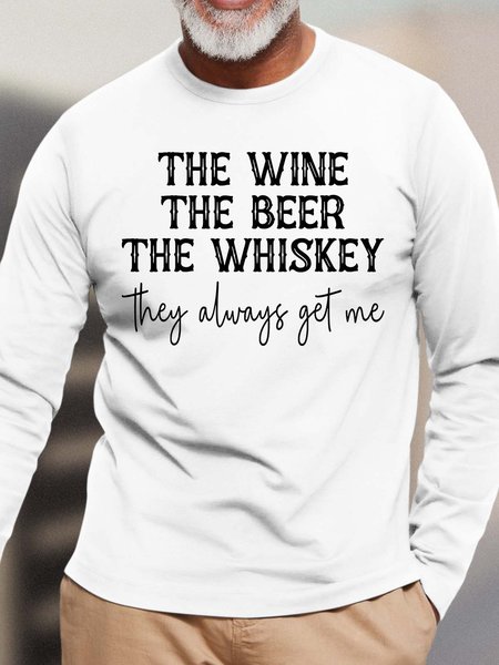 

Men Wine Beer Whisskey Letters Casual T-Shirt, White, Long Sleeves