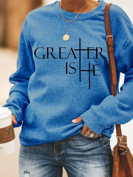 Casual Crew Neck Text Letters Sweatshirt, Blue, Hoodies & Sweatshirts