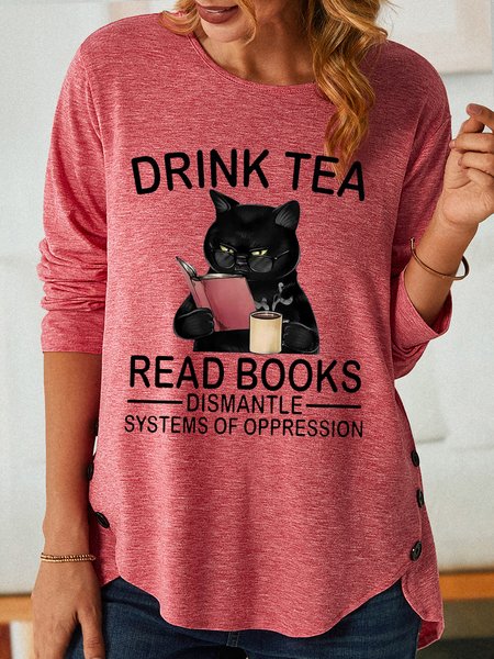 

Womens Funny Drink Tea Read Book Letters Top, Pink, Long sleeves