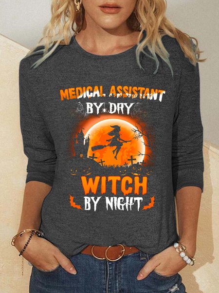 

Women Witch By Night Simple Halloween Regular Fit Long Sleeve Tops, Gray, Long sleeves