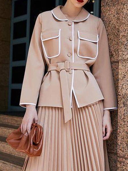 

Color Block Shawl Collar Loose Long sleeve Jacket, Khaki, Jackets