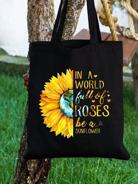 

In A World Full Of Rose Be A Sunflower Plant Graphic Shopping Tote, Black, Bags