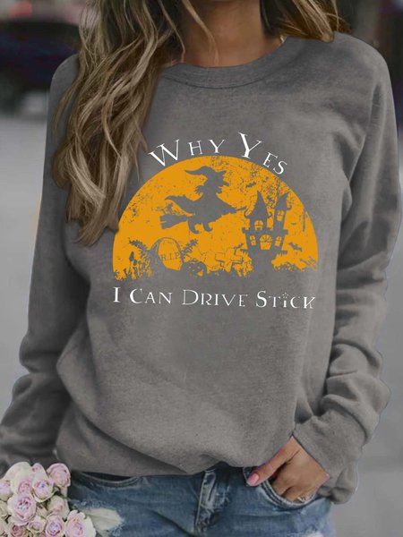 

Women I Can Drive Stick Witch Halloween Loose Sweatshirts, Gray, Hoodies&Sweatshirts