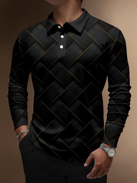 

Casual Art Collection 3D Gradient Geometric Color Block Pattern Lapel Button Long Sleeve Print Polo Shirt, Black, Long Sleeve T-shirts