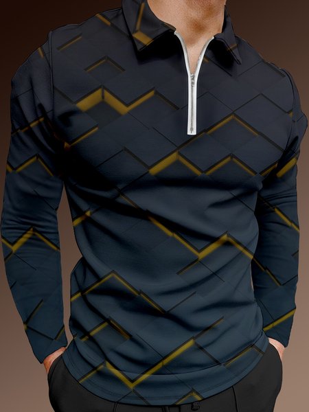 

Casual Art Line Geometric Color Block Pattern Lapel Zip Long Sleeve Print Polo Shirt, Deep blue, Long Sleeve T-shirts