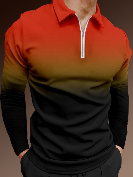 

Casual Art Collection Gradient Pattern Lapel Zip Long Sleeve Print Polo Shirt, Red, Long Sleeve T-shirts