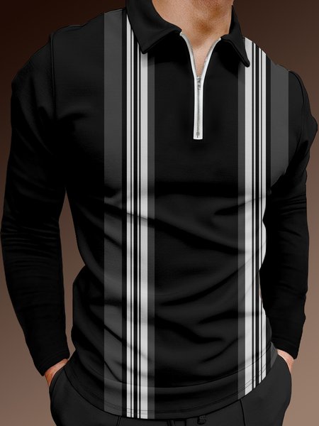 

Casual Art Stripe Geometric Colorblock Lapel Zip Long Sleeve Print Polo Shirt, Black, Long Sleeve T-shirts