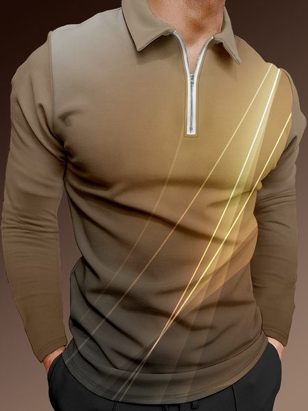

Resort Style Hawaiian Gradient Botanical Floral Print Lapel Zip Long Sleeve Print Polo Shirt, Yellow brown, Polo Shirts