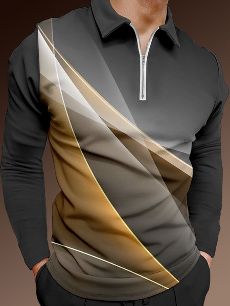 

Casual Art Collection 3D Gradient Line Geometric Pattern Lapel Zip Long Sleeve Print Polo Shirt, Dark gray, Polo Shirts