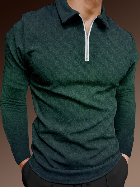 

Resort-Inspired Hawaiian Gradient Botanical Floral Print Lapel Zip Long-Sleeve Printed Polo Shirt, Deep green, Long Sleeve T-shirts