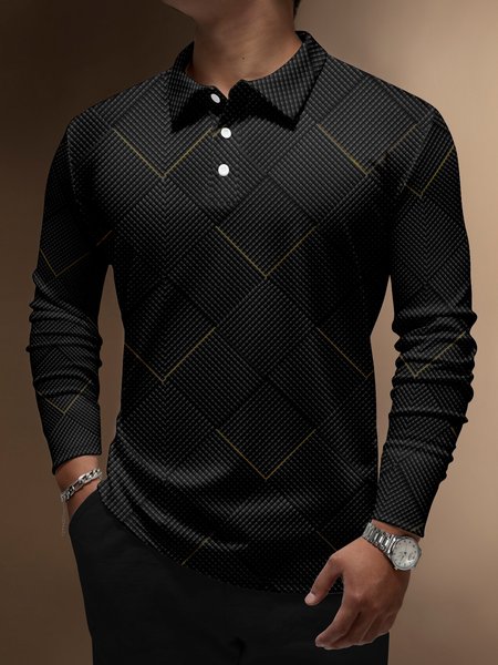 

Casual Art Stripe Geometric Colorblock Lapel Zip Long Sleeve Print Polo Shirt, Black, Long Sleeve T-shirts