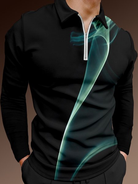 

Casual Art Collection 3D Gradient Line Pattern Lapel Zip Long Sleeve Print Polo Shirt, Black, Long Sleeve T-shirts