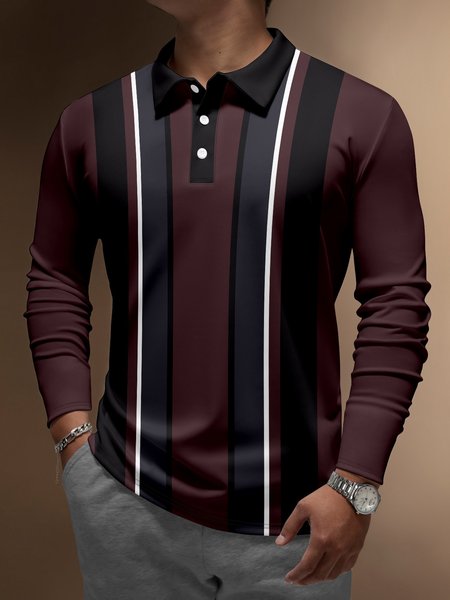 

Striped Buttons Long Sleeve Bowling Polo, Wine red, Men's t-shirts