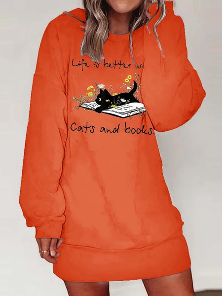

Women Life Is Better With Cats And Books Cat Casual Sweatshirt Dress, Orange, Dresses