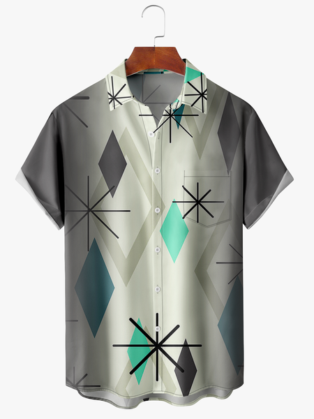 

Geometry Chest Pocket Short Sleeve Casual Shirt, Gray, Men Shirts
