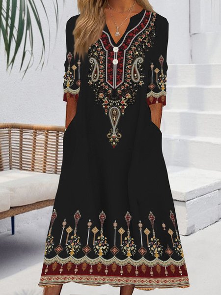 

Paisley folk custom half open button Long Dress Plus Size, Black, Dresses