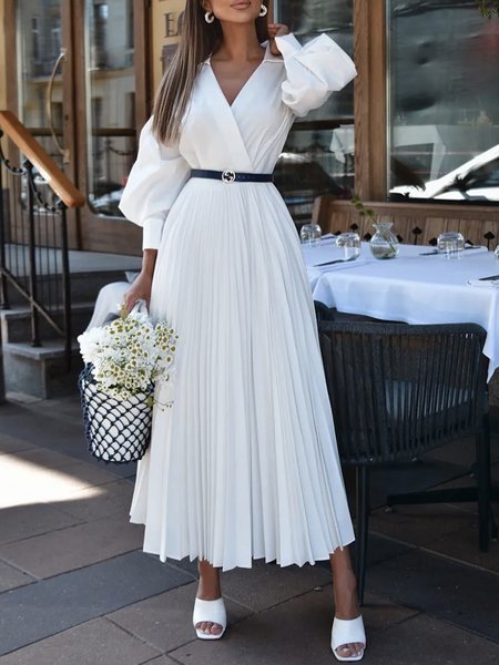 

Shirt Collar Plain Regular Fit Midi Dress, White, Maxi Dresses