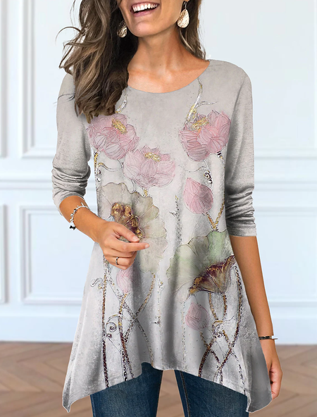 

Casual Crew Neck Regular Fit Floral T-Shirt, Gray, Tops