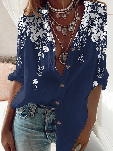 

Floral V Neck Blouse, Blue, Shirts & Blouses