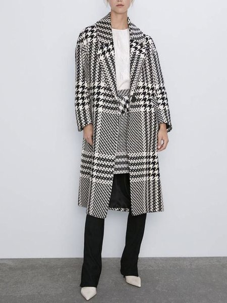 

Long sleeve Loose Houndstooth Vintage Overcoat, Black-white, Coats