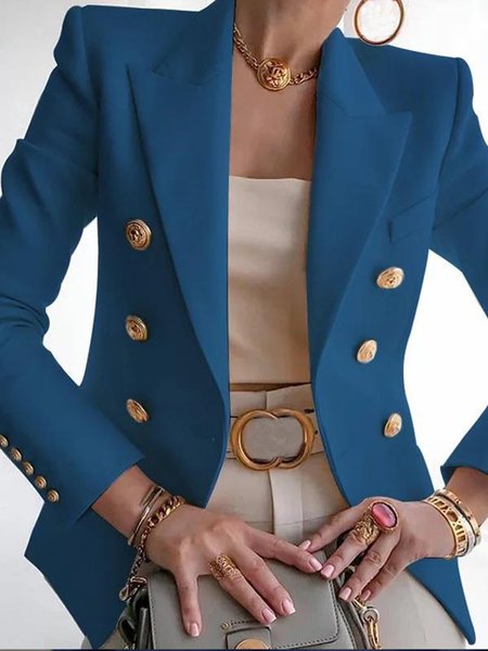 

Urban Plain Lapel Collar Double Breasted Jacket, Blue, Blazers