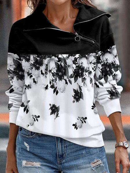 

Black and White Floral Zip-Up Oversized Sweatshirt, Hoodies & Sweatshirts