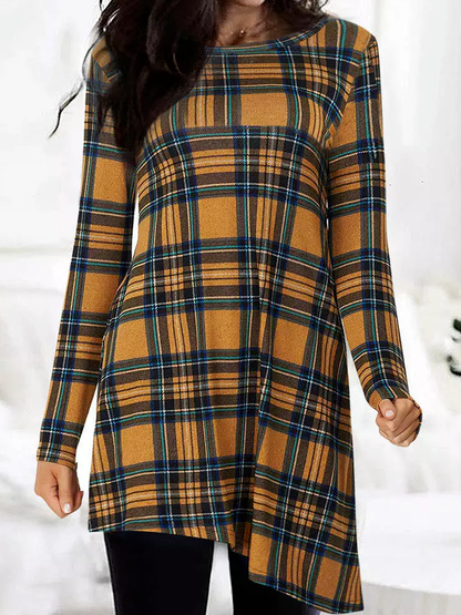 

Plaid Loose Cotton-Blend Geometric Tops, Yellow, Tunics