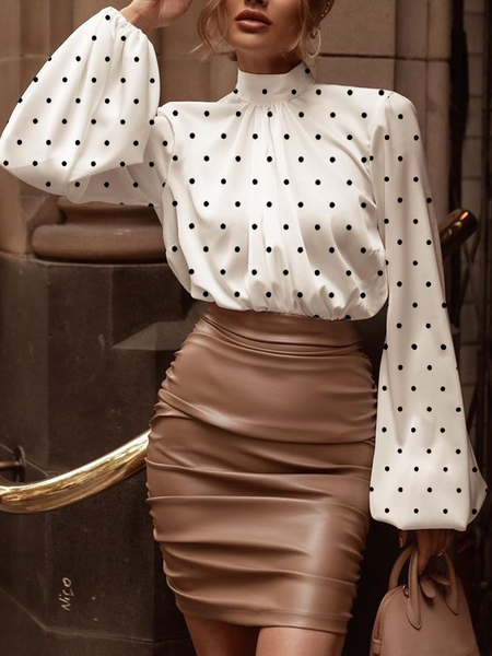 

Loose Stand Collar Long sleeve Elegant Blouse, White, Blouses and Shirts