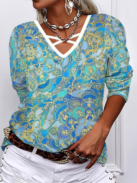 

Casual Ethnic Print V-Neck Long Sleeve T-Shirt, Multicolor, T-Shirts