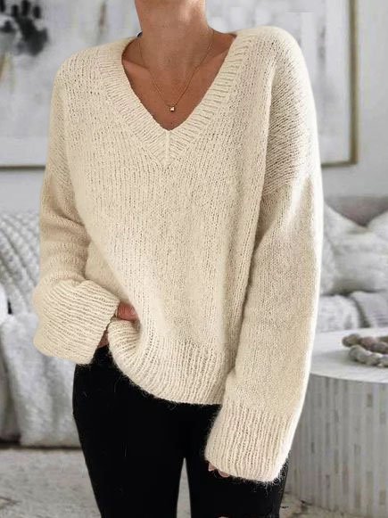 

Casual Plain Color Warm Pullover Sweater, Off white, Sweaters