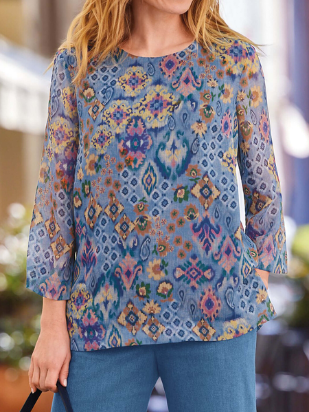 

Casual Ethnic Crew Neck Tops, Blue, Tops