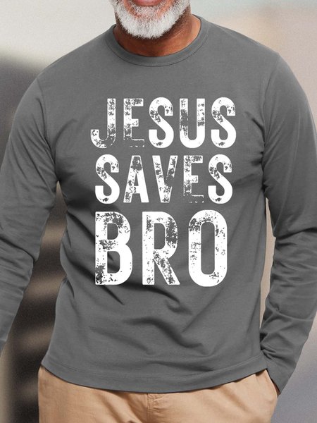 

Men Jesus Saves Bro Text Letters Cotton T-Shirt, Gray, Long Sleeves
