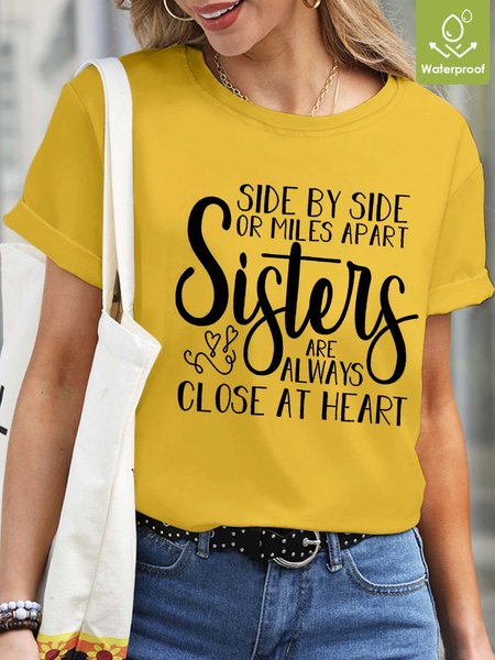 

Women Sisteres Side by Side Letters Waterproof Oilproof And Stainproof Fabric Crew Neck Casual Loose T-Shirt, Yellow, T-shirts