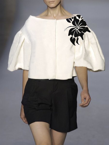

Loose Boat Neck Floral Coat, White, Outerwear