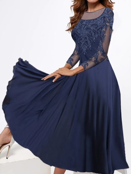 

Plain Autumn Urban Polyester Natural Wedding Crew Neck X-Line Regular Size Dress for Women, Blue, Midi Dresses