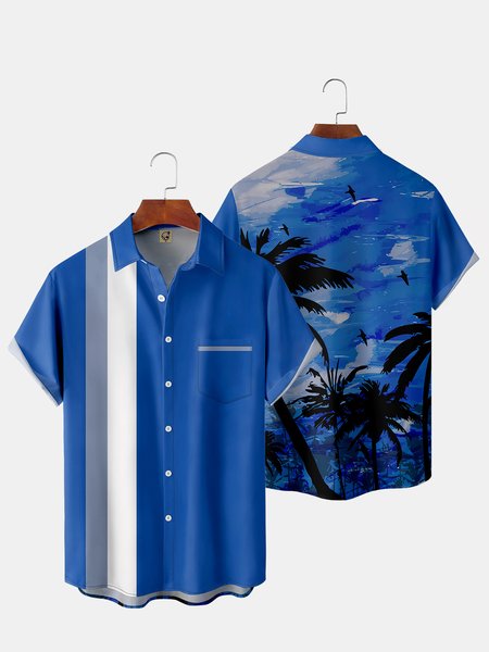 

Men's Back Coconut Tree Print Casual Breathable Short Sleeve Shirt with Pockets, Blue, Short Sleeve Shirts