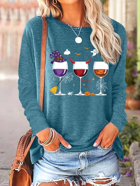 

Women Wine Witch Pumpkin Light Halloween Casual Crew Neck Loose Tops, Green, Long sleeves