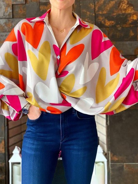 

Daily Long sleeve Shirt Collar Heart/Cordate Urban Blouse, Red, Blouses and Shirts