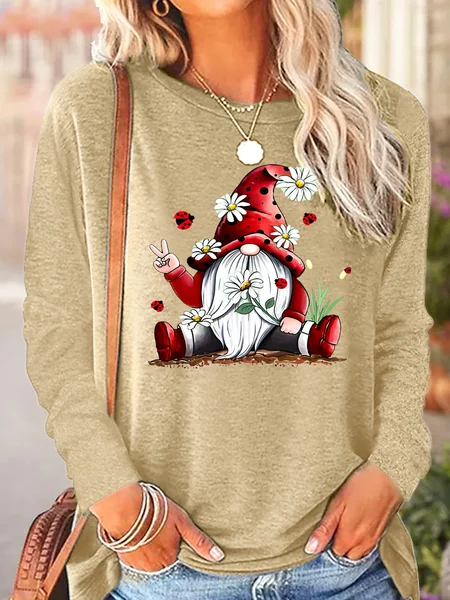 

Womens Hippie Gnomes White Daisy Crew Neck Casual Top, Apricot, Long sleeves
