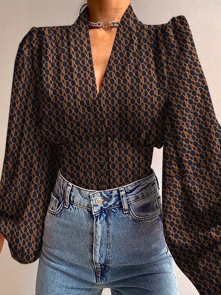 

V neck Long sleeve Urban Regular Fit Geometric Blouse, Coffee, Blouses and Shirts