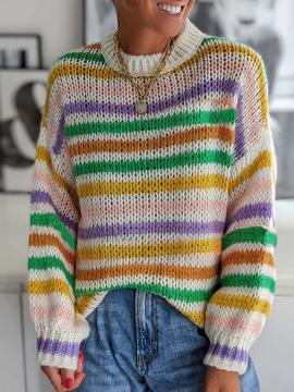 

Casual Crew Neck Loose Long Sleeve Striped Sweater, Multicolor, Sweaters & Cardigans