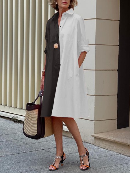 

Simple Color Block Shirt Collar Long Sleeve Midi Dress, Black-white, Midi Dresses